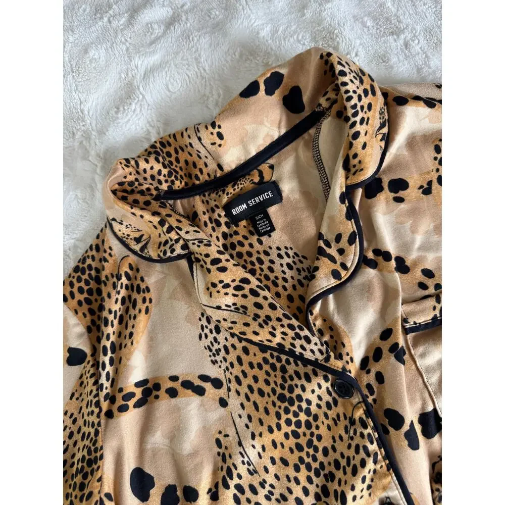 Room Service Leopard Satin Pajama Set Matching Lounge Set Chic Neutral L - Picture 4 of 5